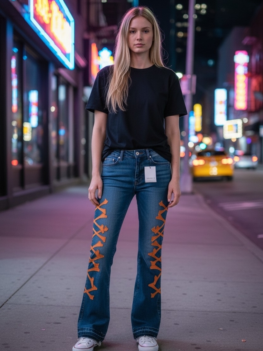 Copper9 Blue Flare Jeans with Orange Lace-Up Side Detail